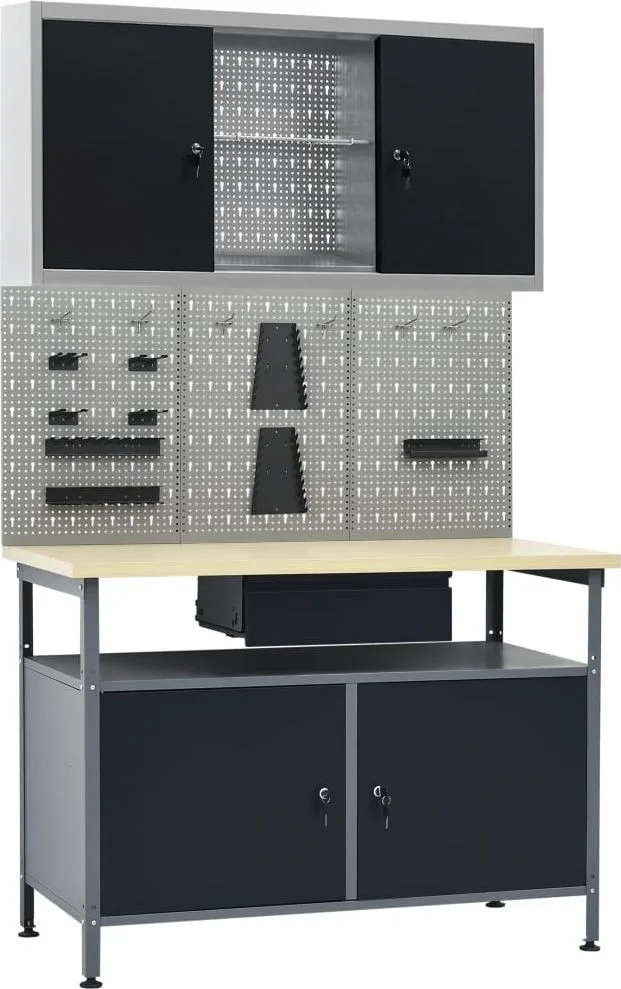 vidaXL Arbeitstisch mit drei Wandpaneelen und einem Schrank
