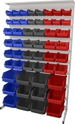 Leomar Regal für Werkstattbehälter, einseitig. Maße: 1560 x 940 x 400 mm, mit Ablage für 52 Behälter, blau, grau, rot
