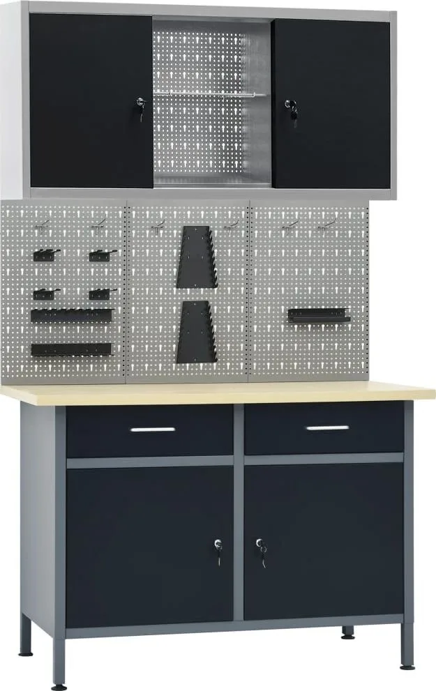 vidaXL Arbeitstisch mit drei Wandpaneelen und einem Schrank
