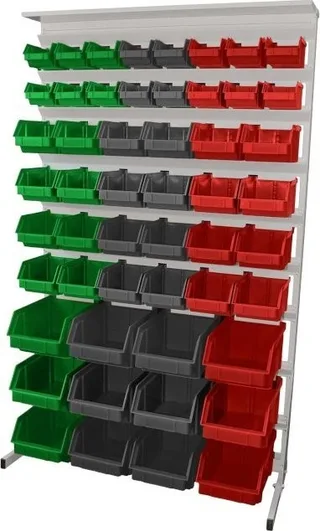 Leomar Regal für Werkstattbehälter, einseitig. Maße: 1560 x 940 x 400 mm, mit Ablage für 52 Behälter, grün, grau, rot