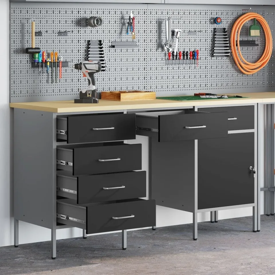 VidaXL 3-teiliges Set aus Arbeitsschränken und Tischen, schwarz, Holzwerkstoff und Stahl