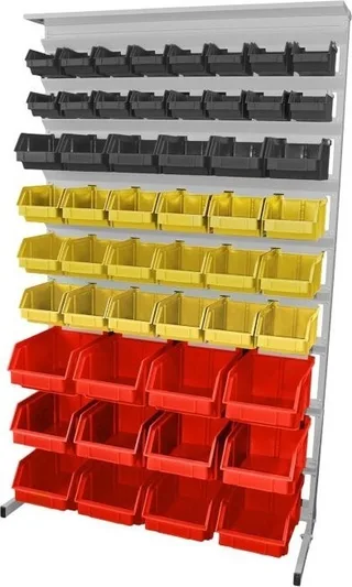 Leomar Regal für Werkstattbehälter, einseitig. Maße: 1560 x 940 x 400 mm, mit Ablage für 52 Behälter, schwarz, gelb, rot