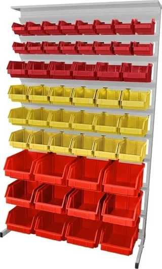 Leomar Regal für Werkstattbehälter, einseitig. Maße: 1560 x 940 x 400 mm, mit Ablage für 52 Behälter, rot, gelb