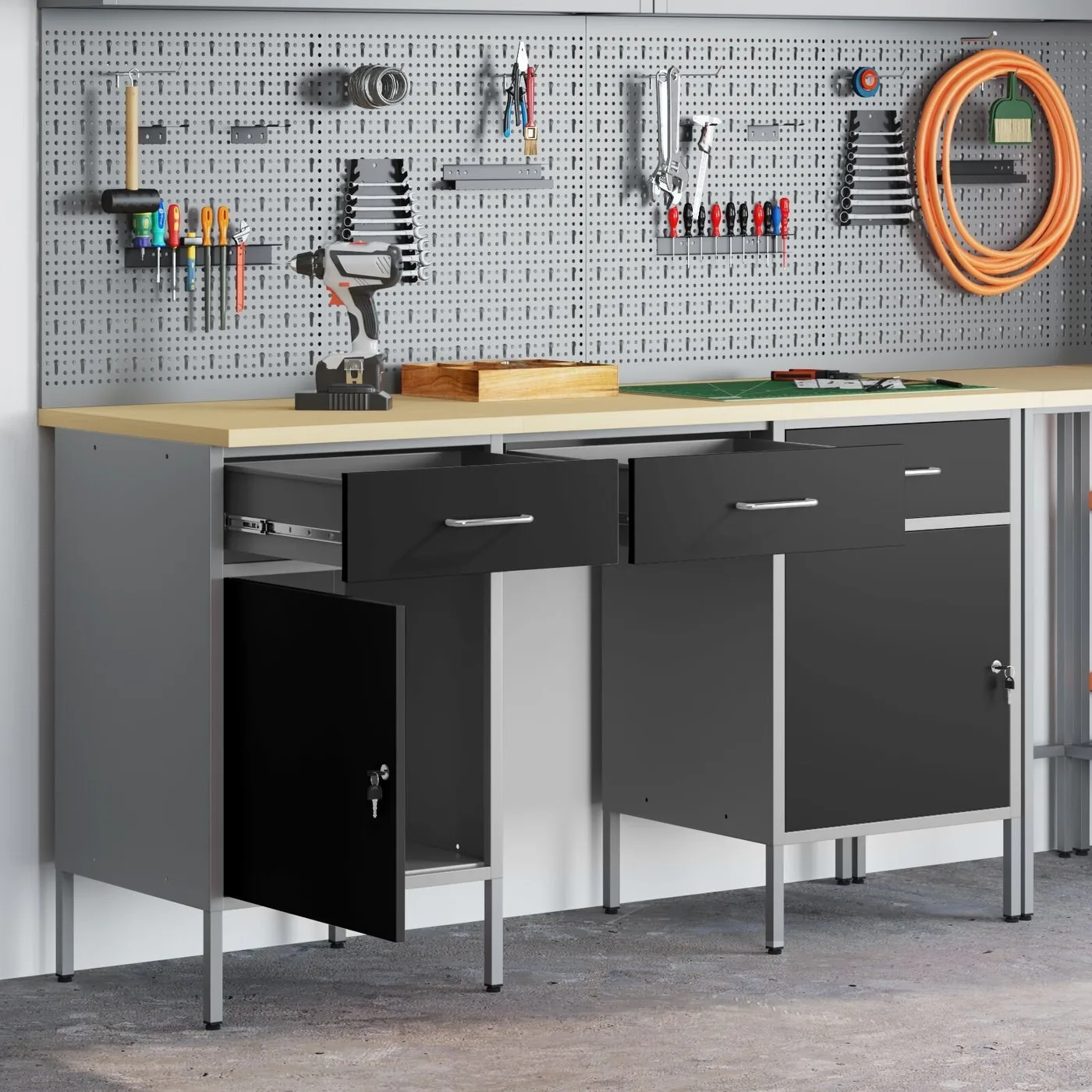 vidaXL 3-teiliges Set: Arbeitsschrank und Tisch, schwarz, aus Verbundholz und Stahl