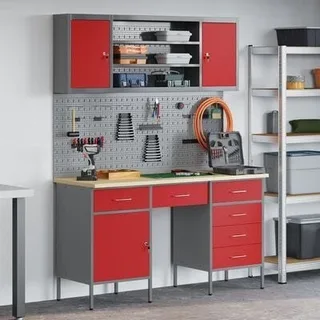Set aus 7 Arbeitsschränken und einer Wandtafel mit Lochwand von vidaXL – Rot, MDF und Metall