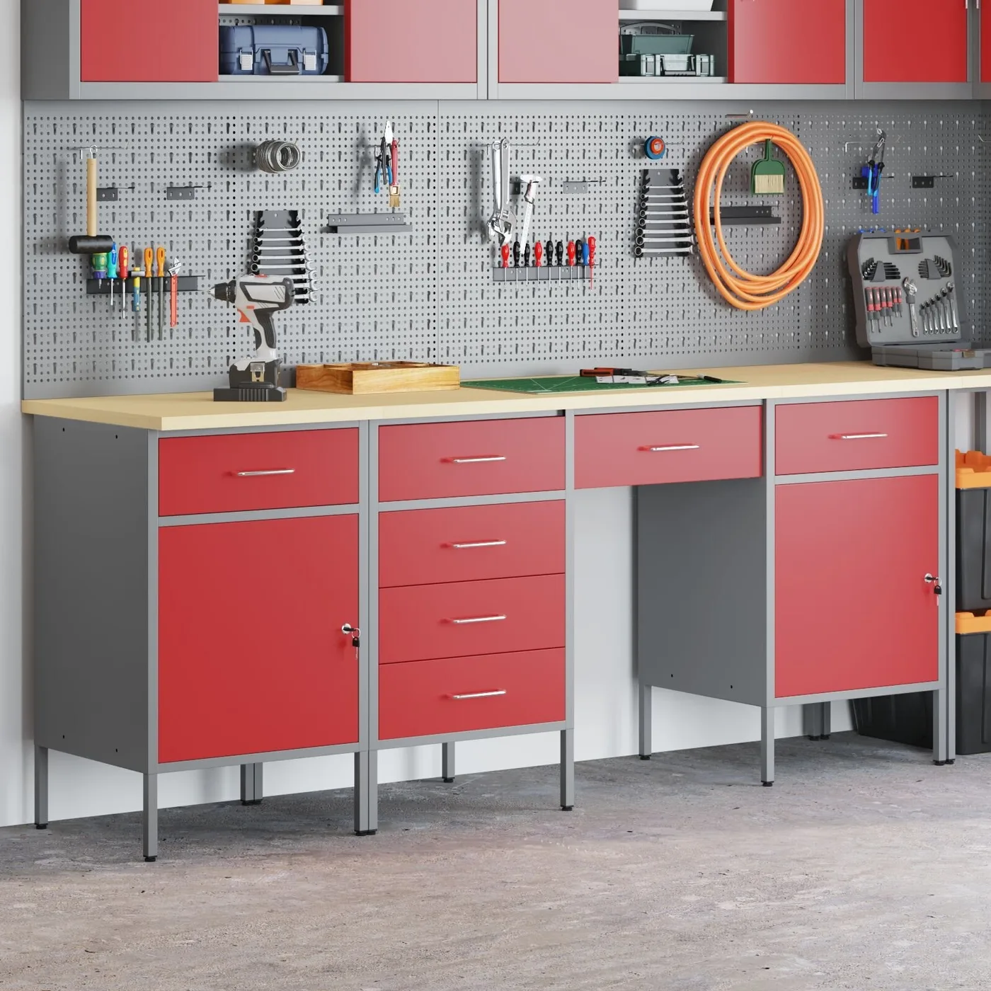 vidaXL 4-teiliges Set aus Arbeitsschränken und Tisch, rot, aus Verbundholz und Stahl