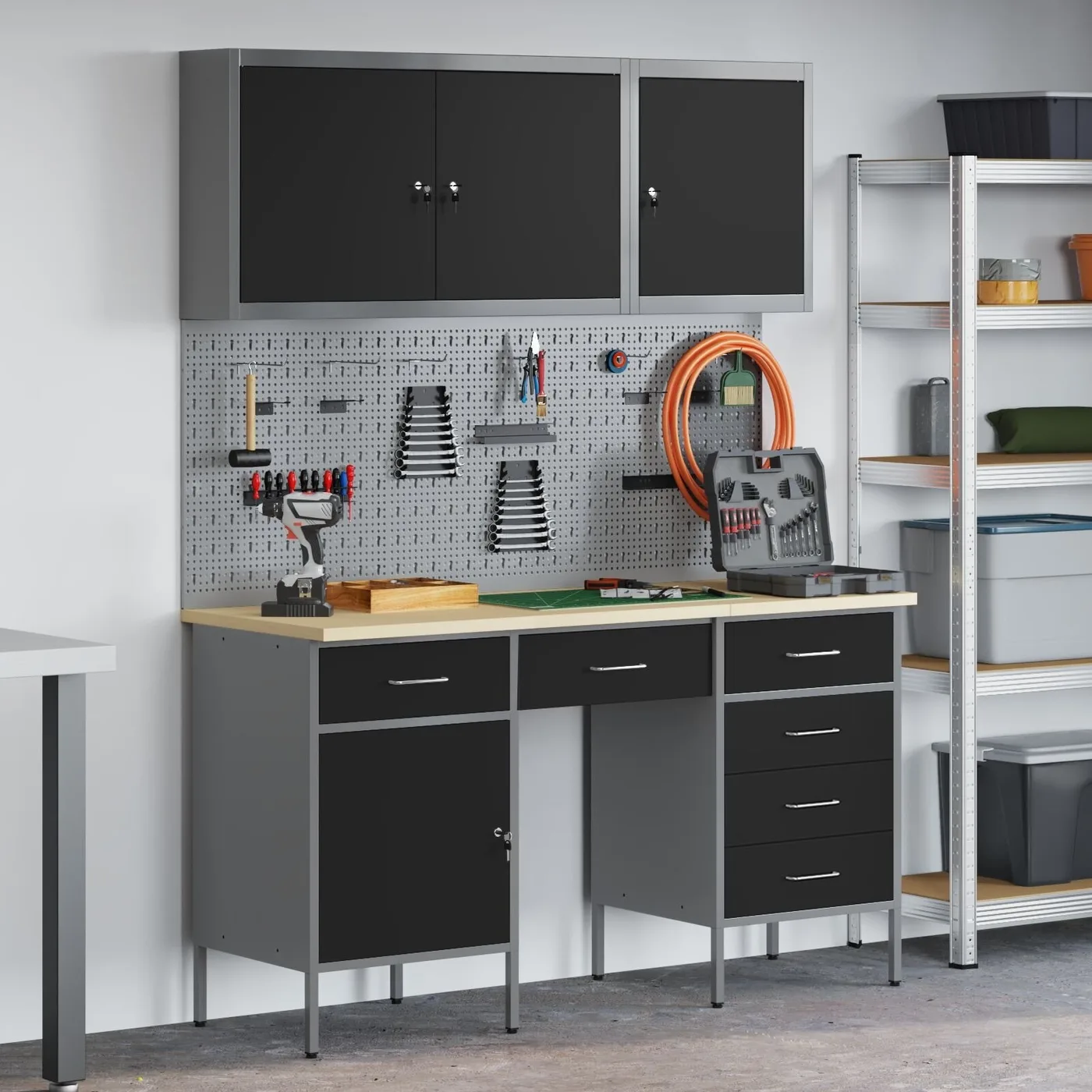 8-teiliges Set aus Arbeitsschränken und Lochwand von vidaXL – Schwarz, MDF und Metall