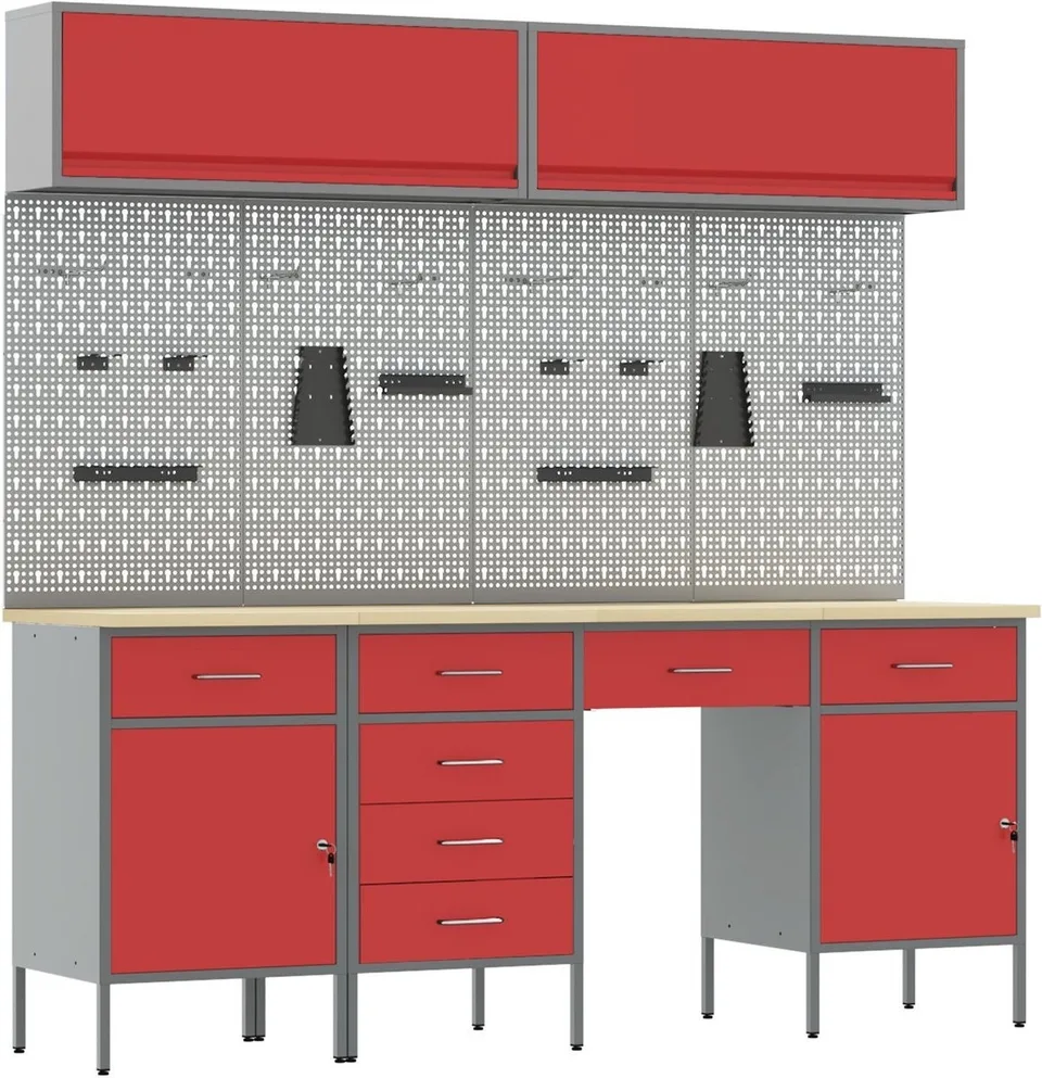 vidaXL Arbeitsschrankset mit Lochwand, 7-teilig, rot, MDF und Metall