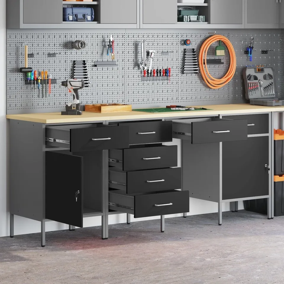 vidaXL 4-teiliges Set aus Arbeitsschränken und Tisch, schwarz, aus Verbundholz und Stahl
