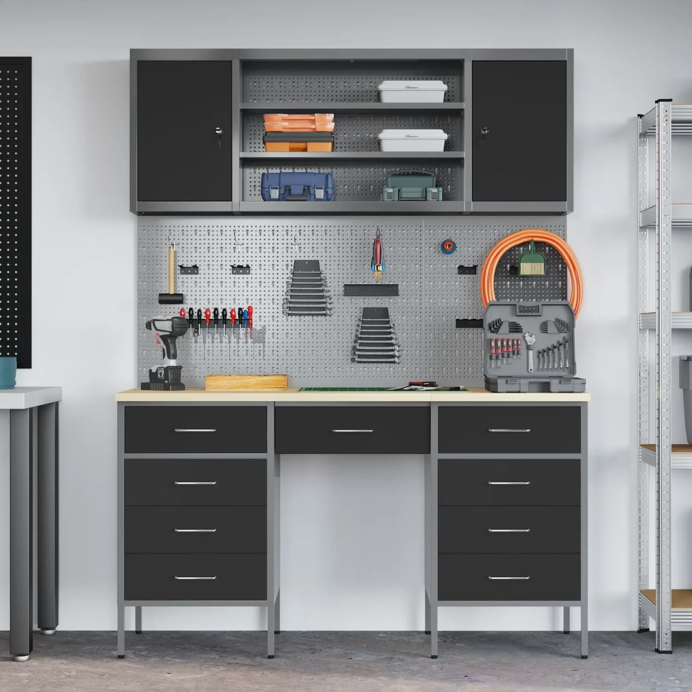 vidaXL Arbeitsset mit Schrank und Lochwand, 7-teilig, schwarzes MDF und Metall