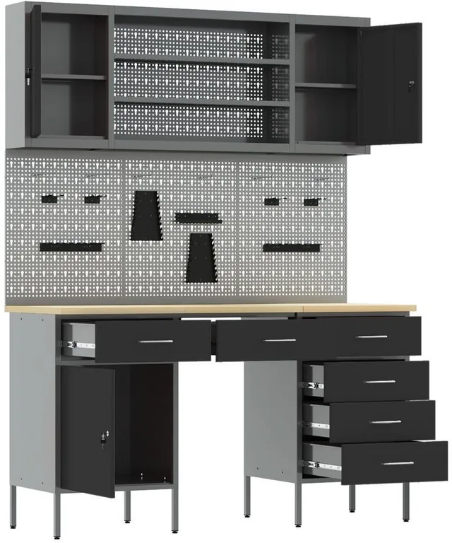 vidaXL Set aus Arbeitsschränken und Lochplatten in Schwarz, aus MDF und Metall