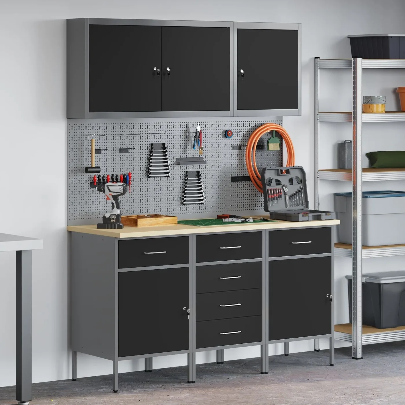 vidaXL Arbeitsschrank-Set mit Werkzeugtafel, 8-teilig, schwarz, MDF und Metall