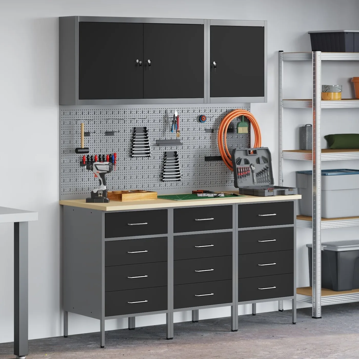 vidaXL Set mit 6 großen Arbeitsschränken aus schwarzem Stahl mit verstellbaren Füßen