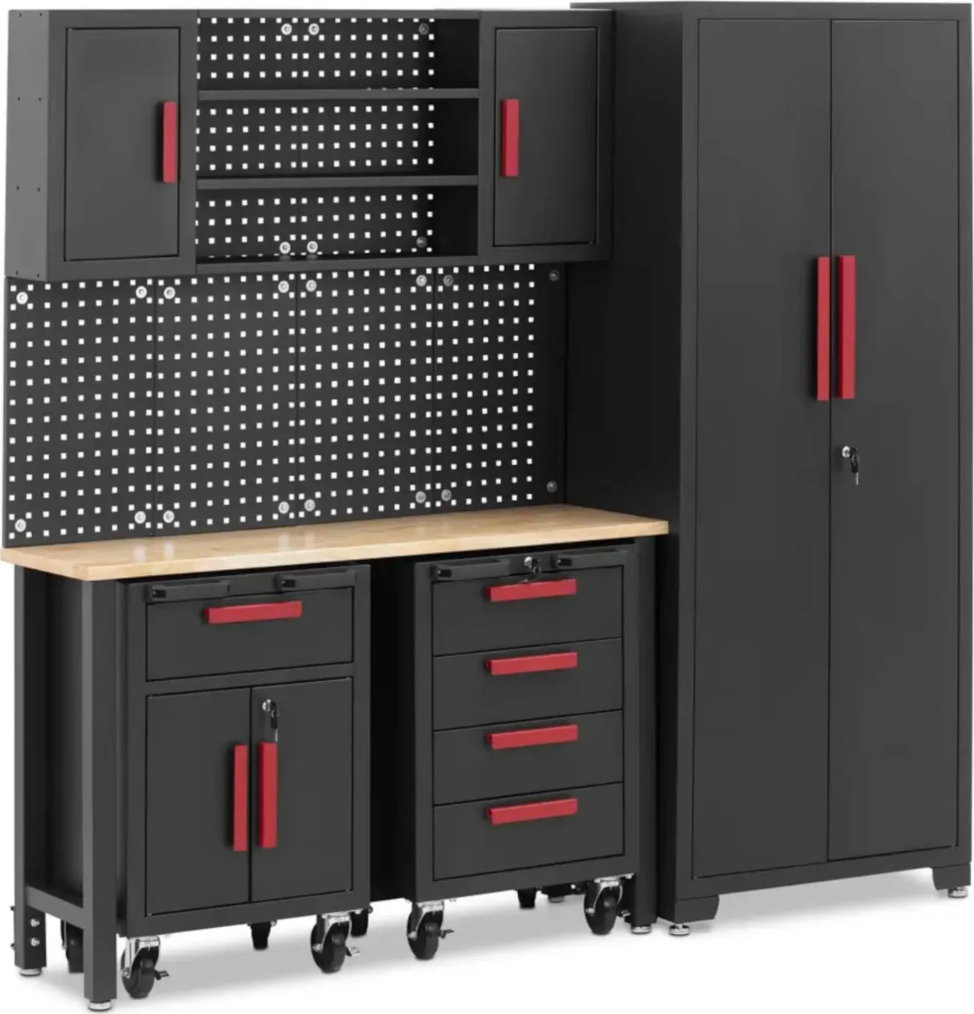 MSW Werkstattmöbel-Set: Schrank, 2 Rollschränke, Lochwand