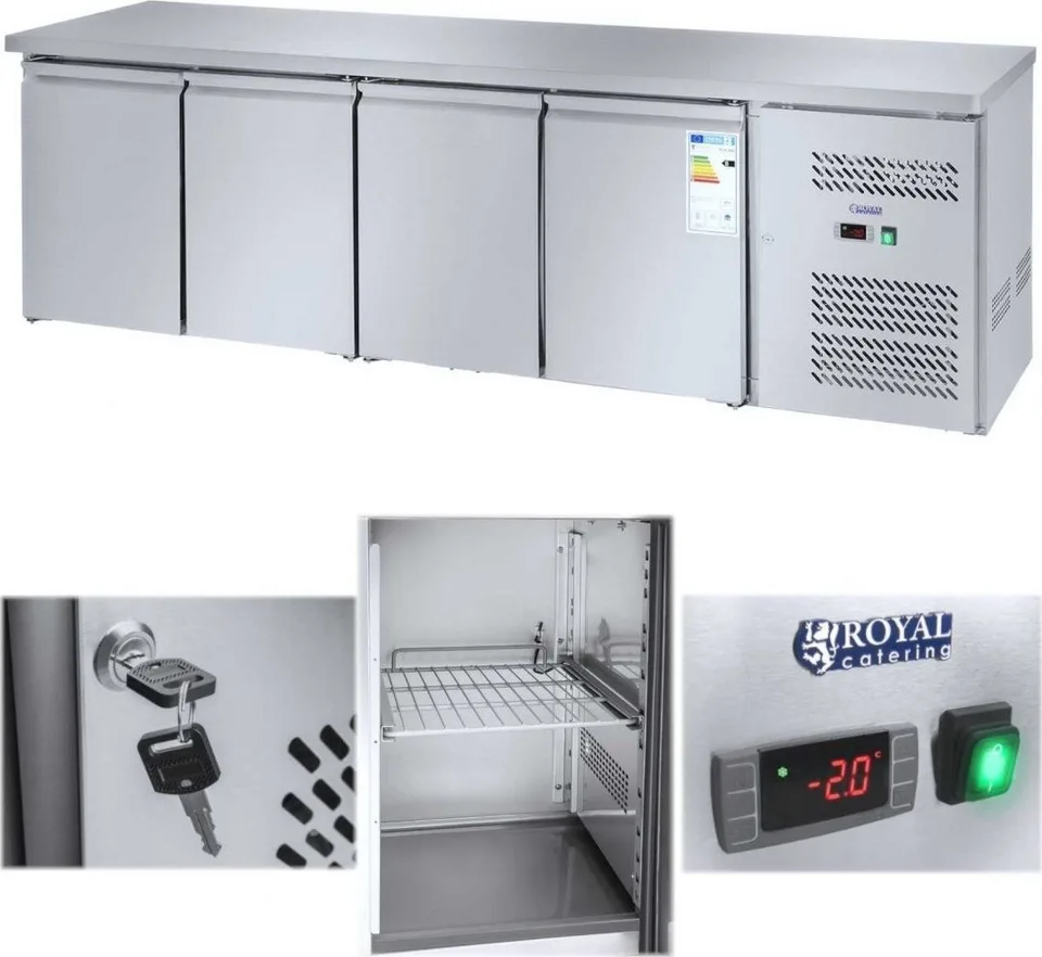 Royal Catering 4-türiger Kühltisch mit Arbeitsplatte aus Edelstahl, -2 bis 8 °C, 450 l