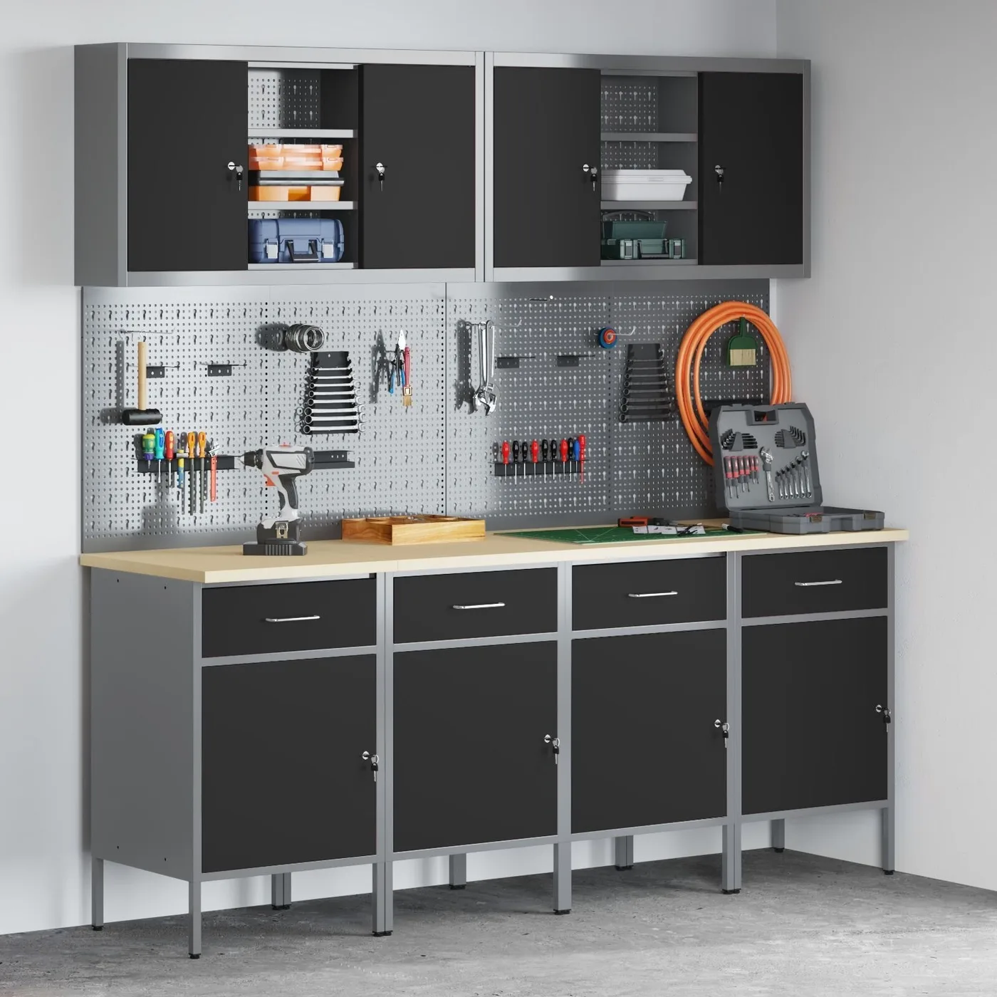 vidaXL Set, 8 Stück, schwarzer Stahl, Holzwerkstoff, 50 x 55 x 85 cm