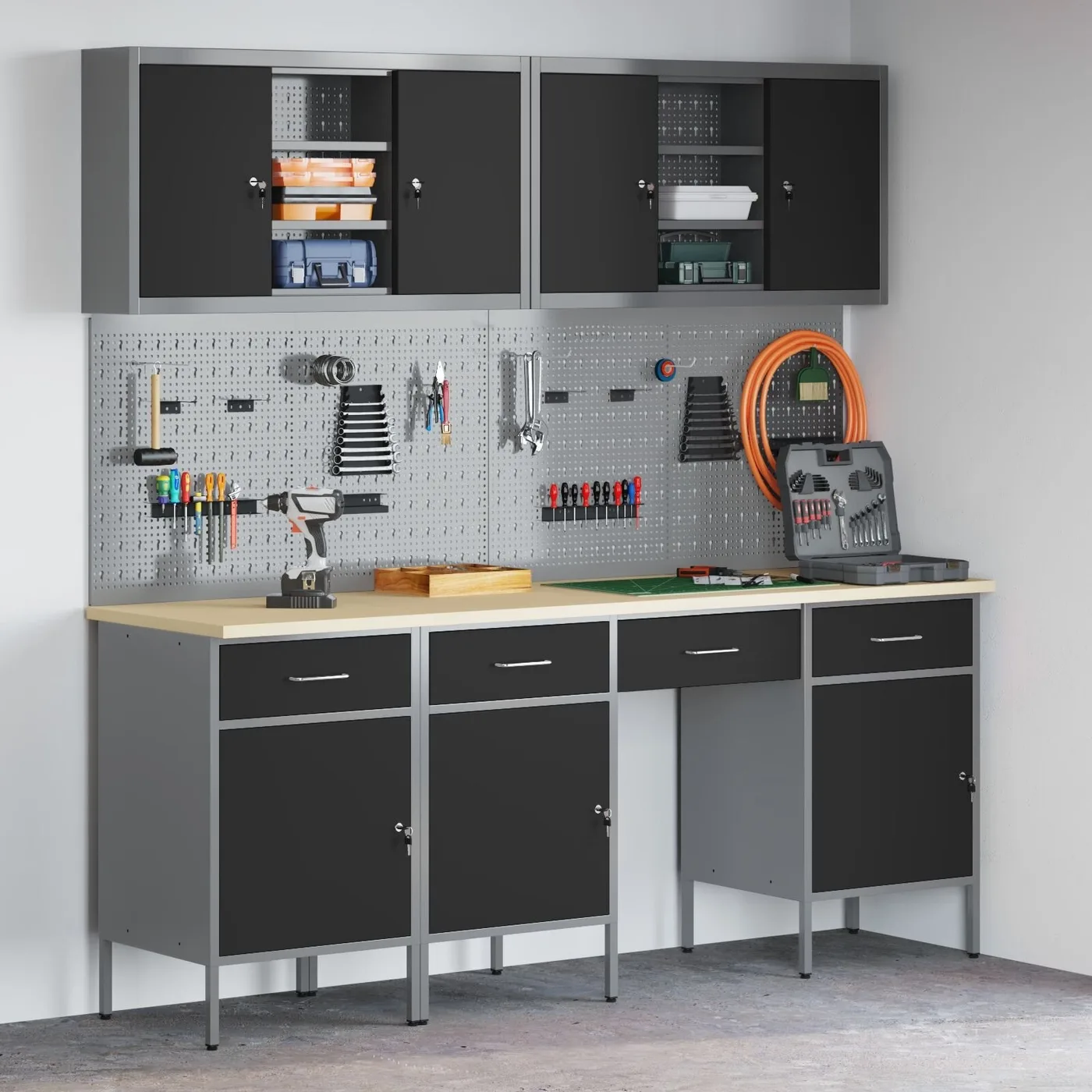vidaXL Arbeitstisch-Set, 10-teilig, schwarzer Stahl
