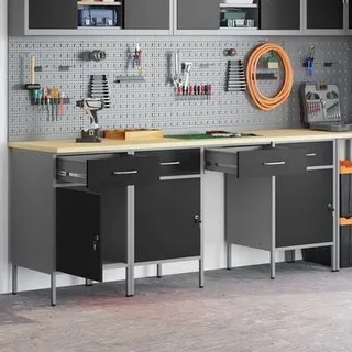 VidaXL 4-teiliges Set: Arbeitsschrank und Tisch, schwarz, Stahl und Holzwerkstoff