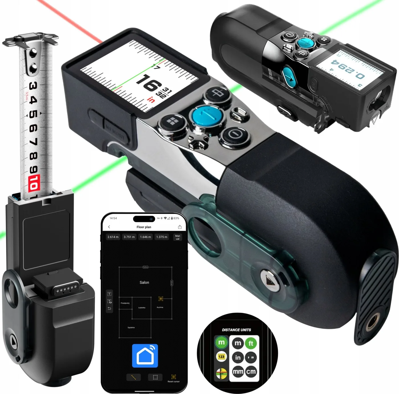 LASER-ENTFERNUNGSMESSER, MESSBAND, WASSERWAAGE, MARKIERLINIE – SMART LIFE 100 m