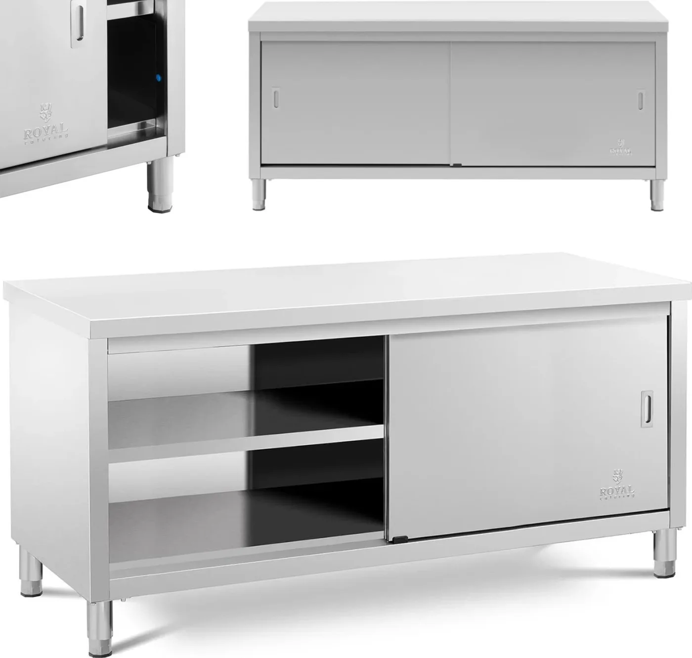 Royal Catering Arbeitstisch mit zentraler Arbeitsplatte und Schrank mit Schiebetüren, 180 x 70 x 85 cm