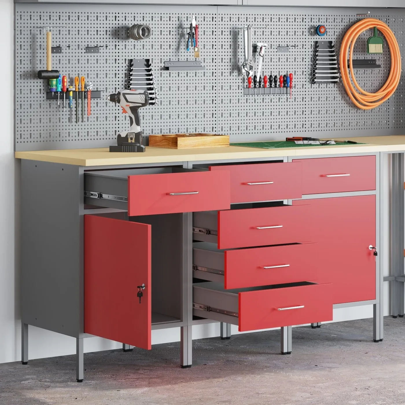 vidaXL Set mit 3 Stück, rot, stahlgrau, 25 mm Holzwerkstoff
