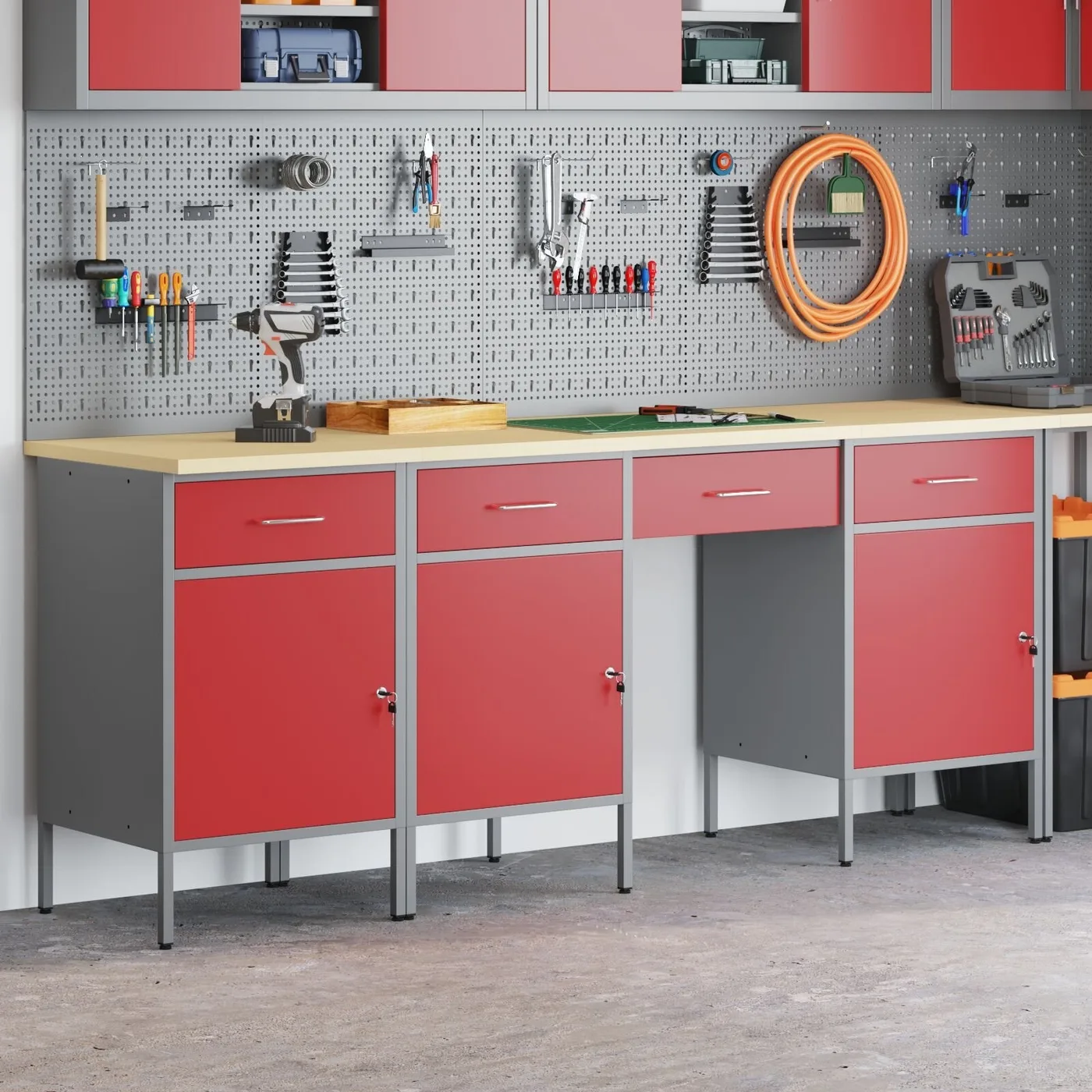 vidaXL 4-teiliges Set aus Arbeitsschränken und Tisch, rot, Holzwerkstoff und Stahl