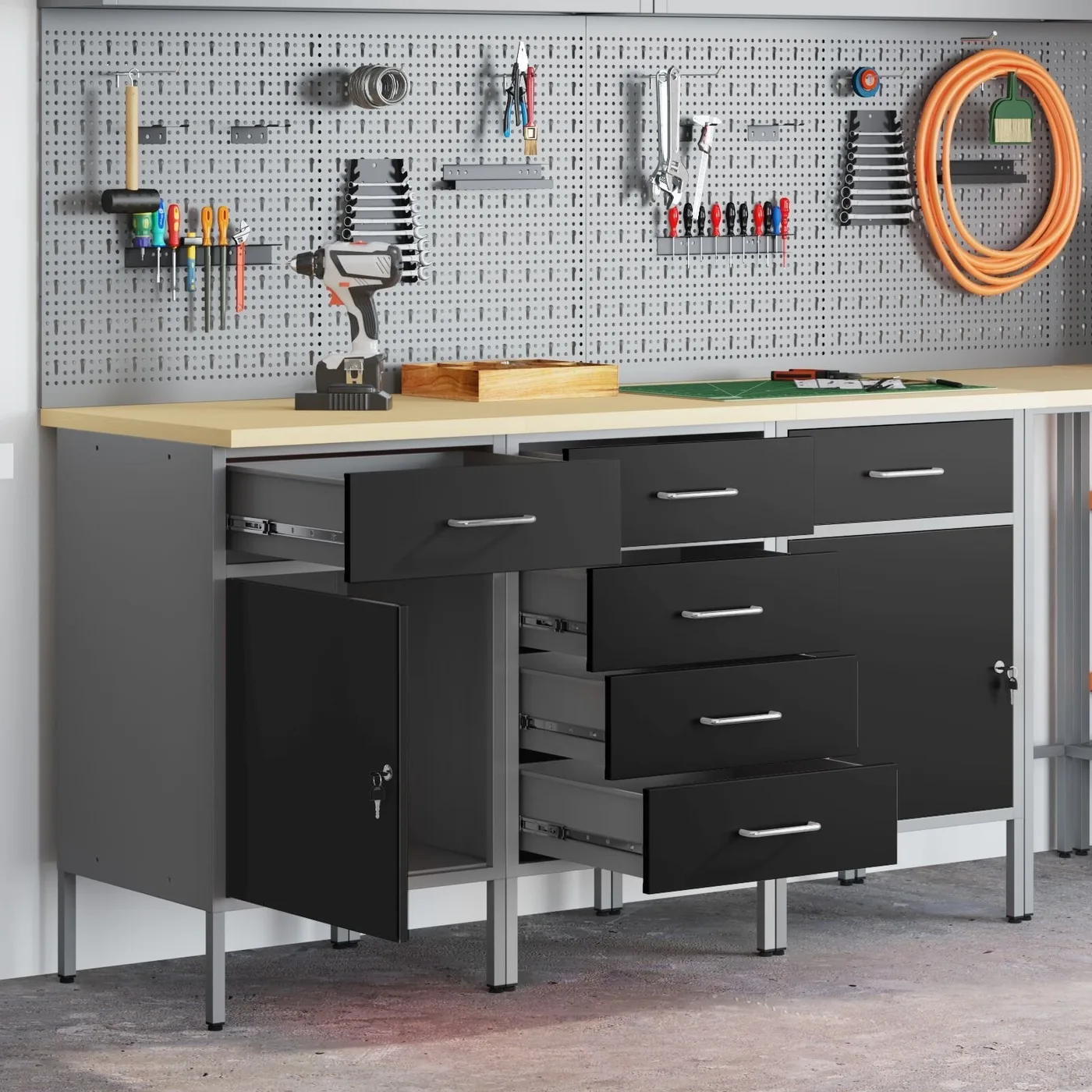 vidaXL Set mit 3 Stühlen, schwarz, Stahl, mittelgroß, höhenverstellbar