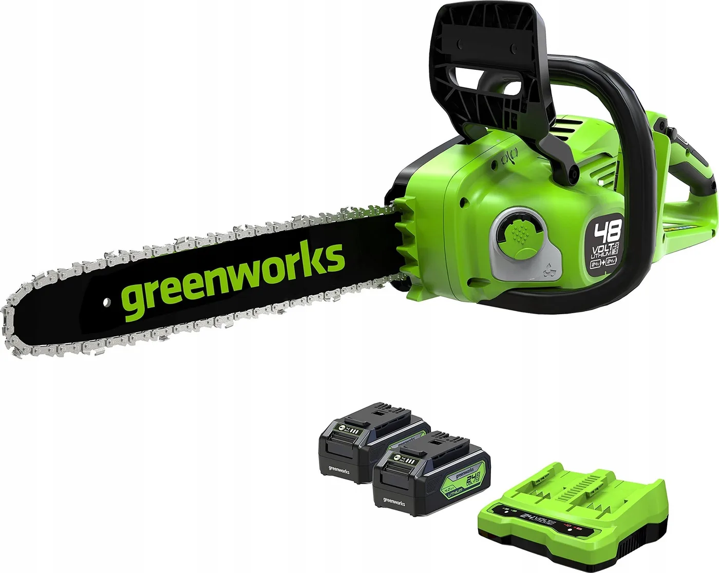 Greenworks 2x24-V-Kettensäge Greenworks 36 cm GD24X2CS36K4X im Set mit Ladegerät und 2 Akkus à 4,0 Ah