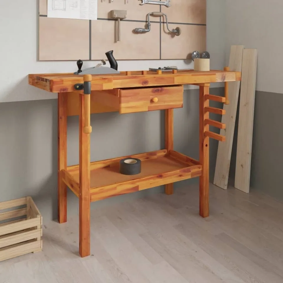 vidaXL vidaXL Arbeitstisch mit Schublade und Schraubzwingen, 124 x 52 x 83 cm, Akazienholz
