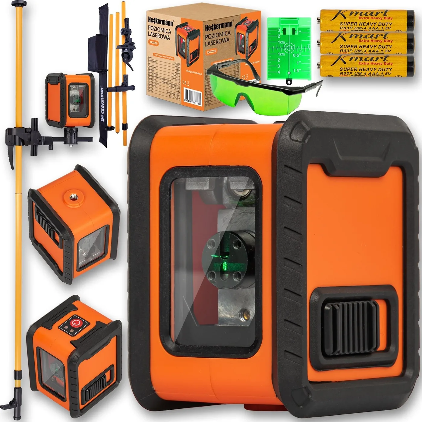 Heckermann Set: Heckermann XRX010 v.2 Laser-Wasserwaage + orangefarbene Messstange (3,4 m) + Schutzbrille + Zielscheibe