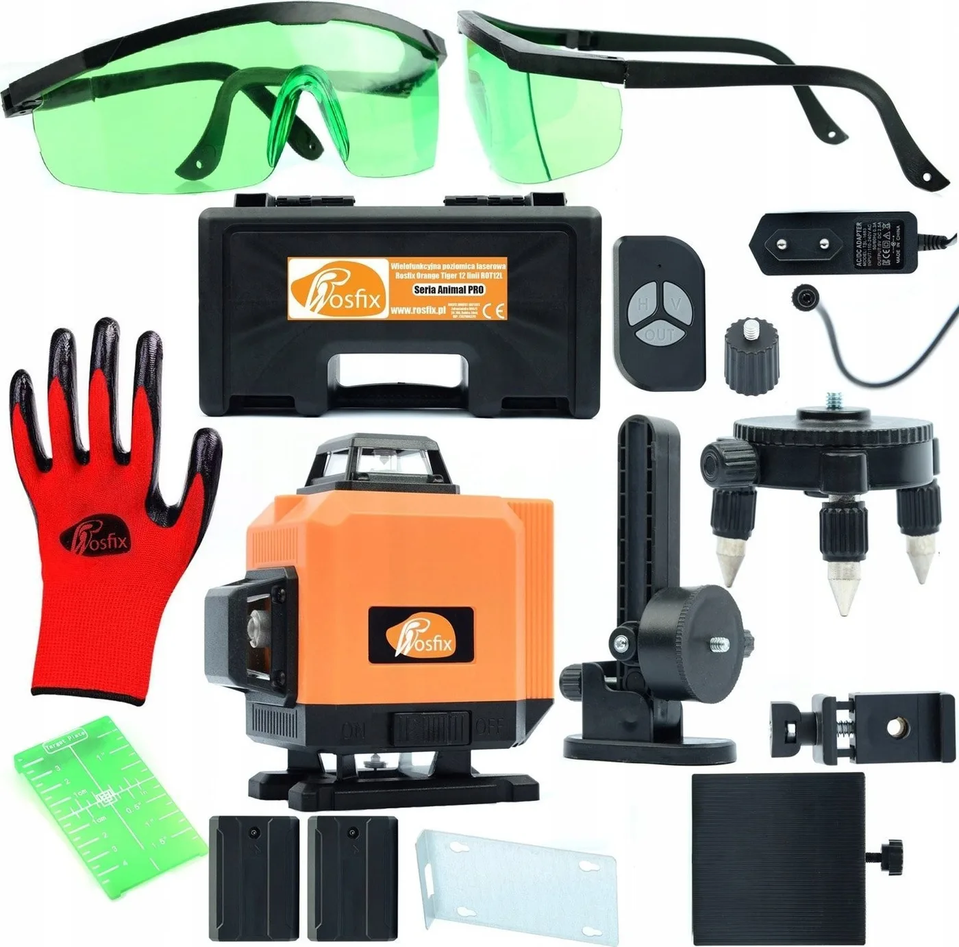 Rosfix LASER-Kreuzlinie, Wasserwaage + Schutzbrille, Schutzschild, Handschuhe