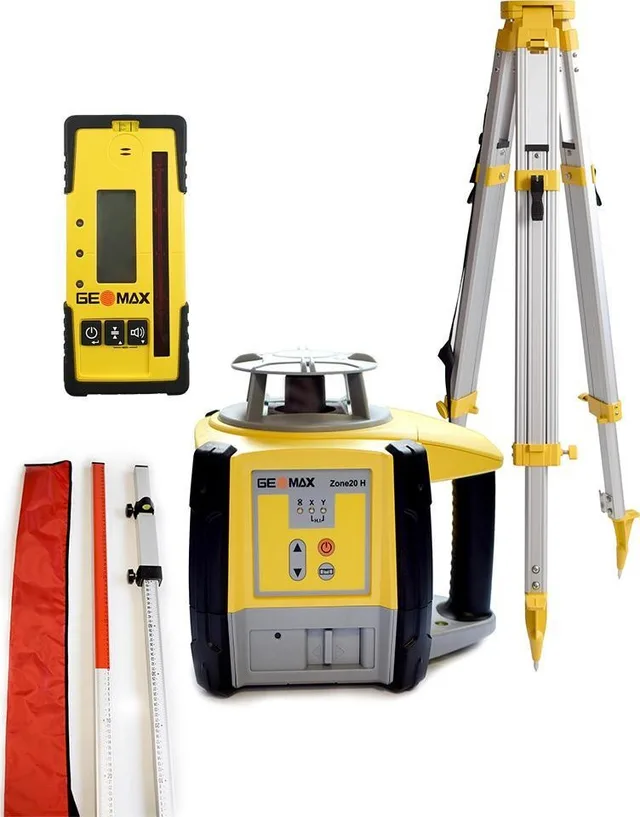 GeoMax Laser-Nivelliergerät GeoMax Zone 20H mit Empfänger GeoMax ZRP105 Pro sowie Laserlatte und Aluminiumstativ