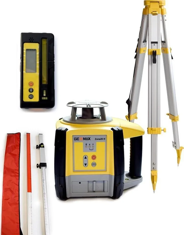 GeoMax Laser-Nivelliergerät GeoMax Zone 20H mit Empfänger GeoMax ZRB90 sowie Laserlatte und Aluminiumstativ