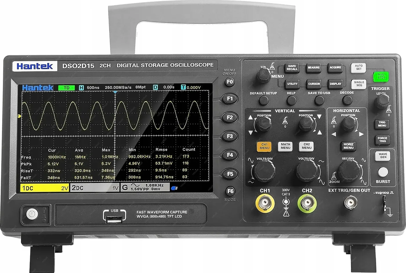 Hantek DSO2D15 – Digitales Oszilloskop, 2 Kanäle, 150 MHz
