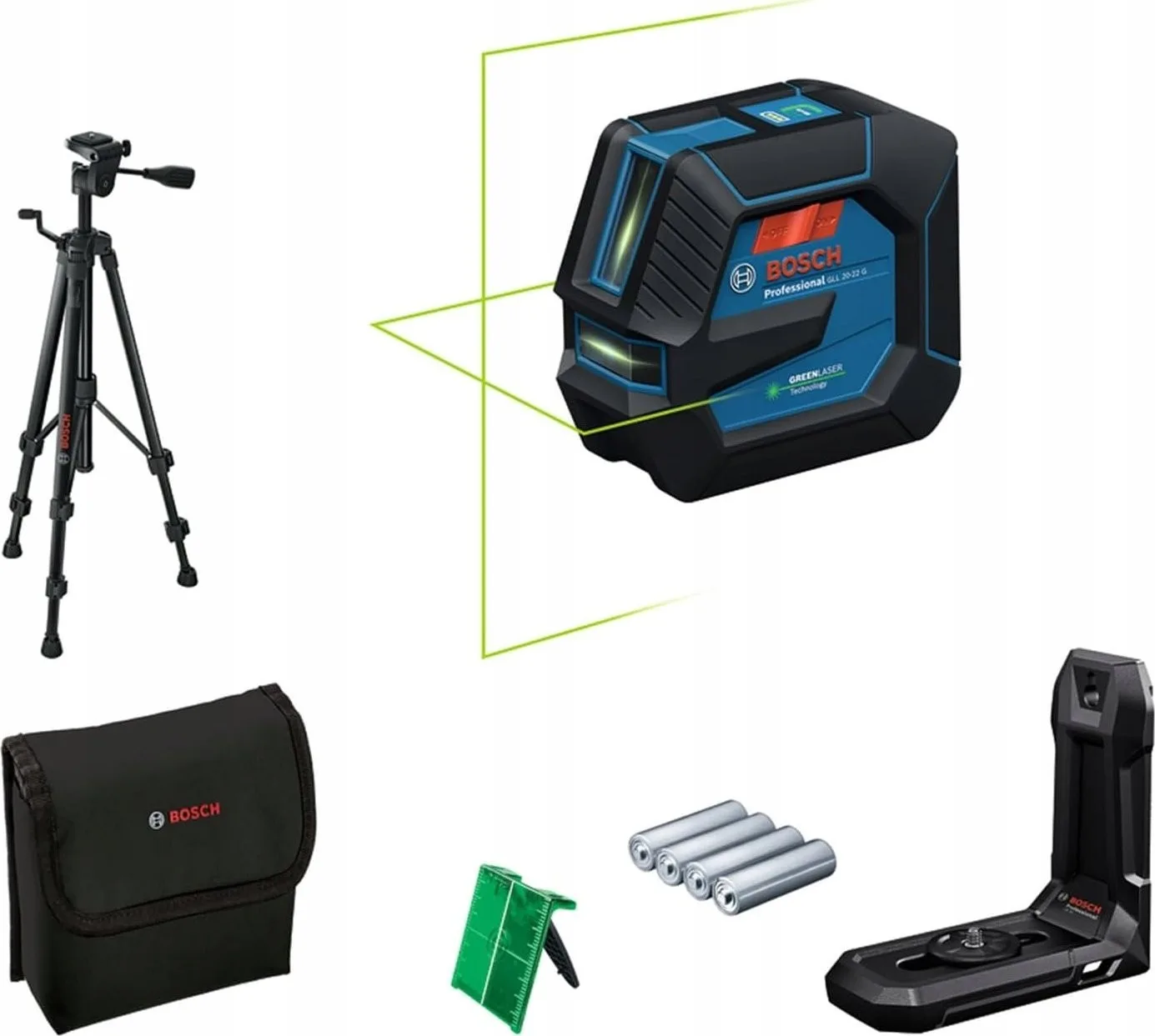 BOSCH. CROSS LASER GLL 20-22 G GREEN + HALTERUNG LB 10 + STATIV BT 150