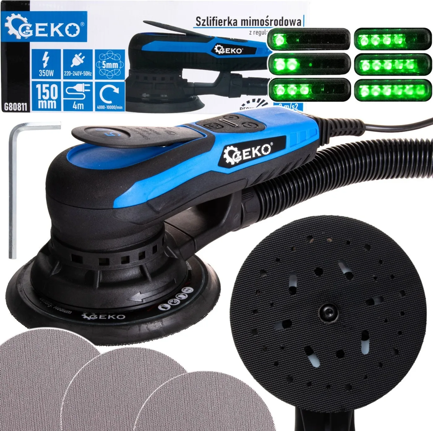 Geko Exzenterschleifer, bürstenlos, 150 mm, 350 W, mit Drehzahlregelung (6)