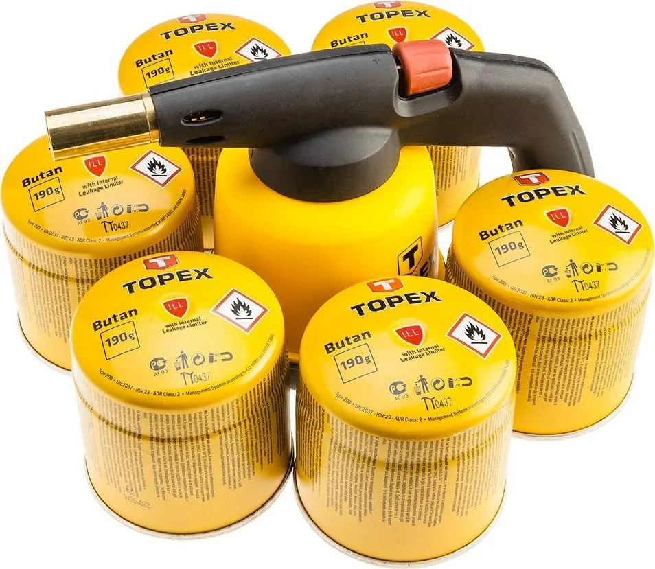 Topex GASLÖTLAMPE FÜR GASKARTUSCHEN + 6 GASKARTUSCHEN MIT VENTIL 44E148 TOPEX