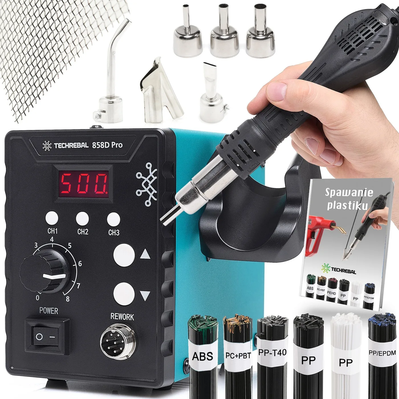 Kunststoffschweißgerät und Heißluft-Lötstation TECHREBAL 858D Pro – Set mit 6 Klebstoffen und 6 Düsen