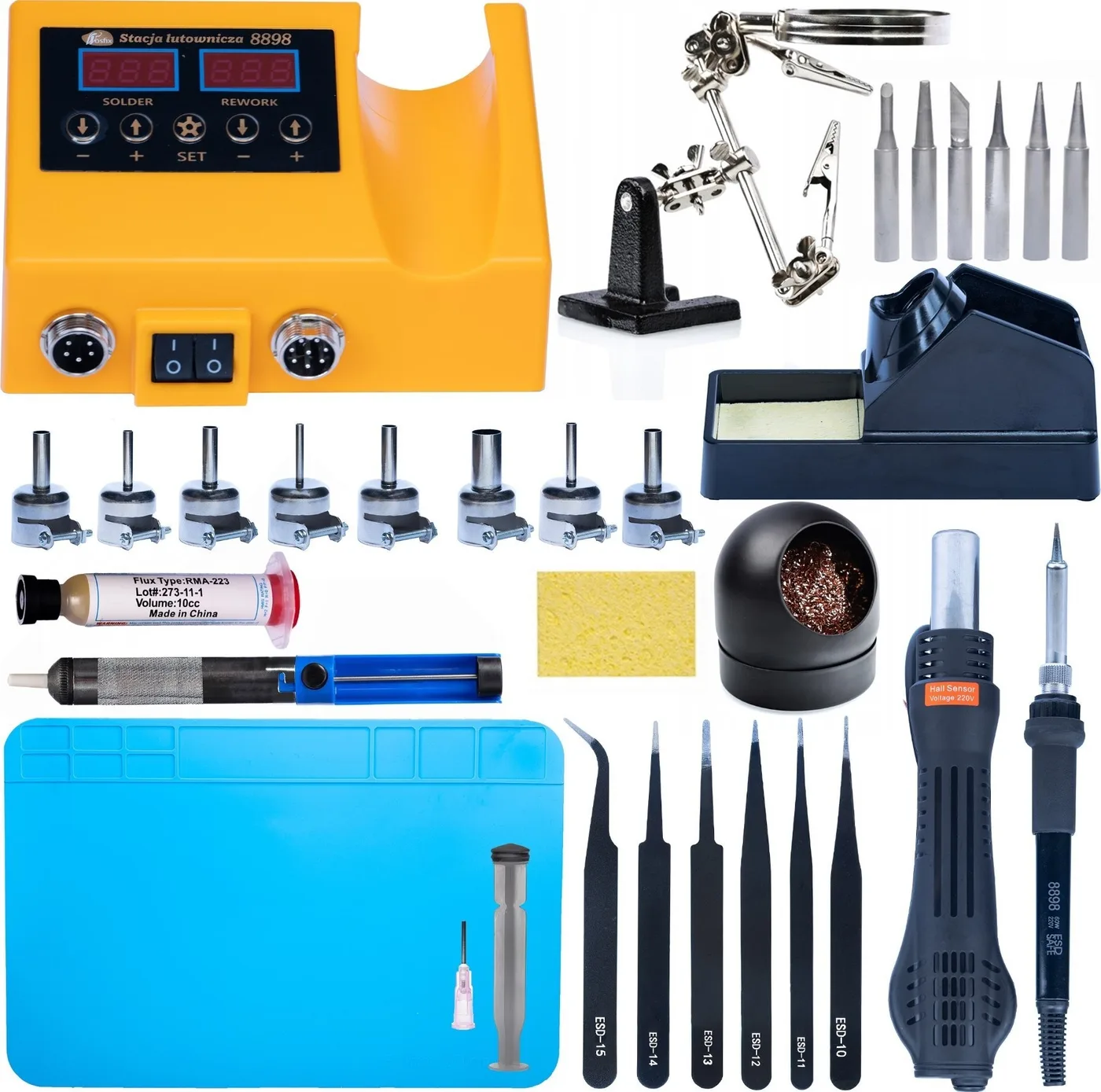 Rosfix Lötstation, Lötspitzen, Düsen, Absaugvorrichtung, dritte Hand, Flussmittel, Pinzette, Reinigungswerkzeug