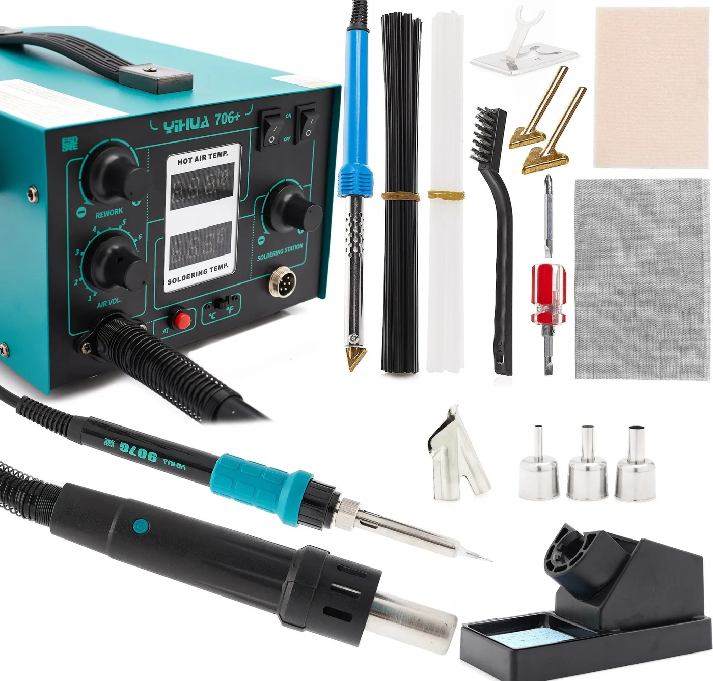 2-in-1-Lötstation Yihua 706+ 640 W Heißluft-Lötkolben-Set