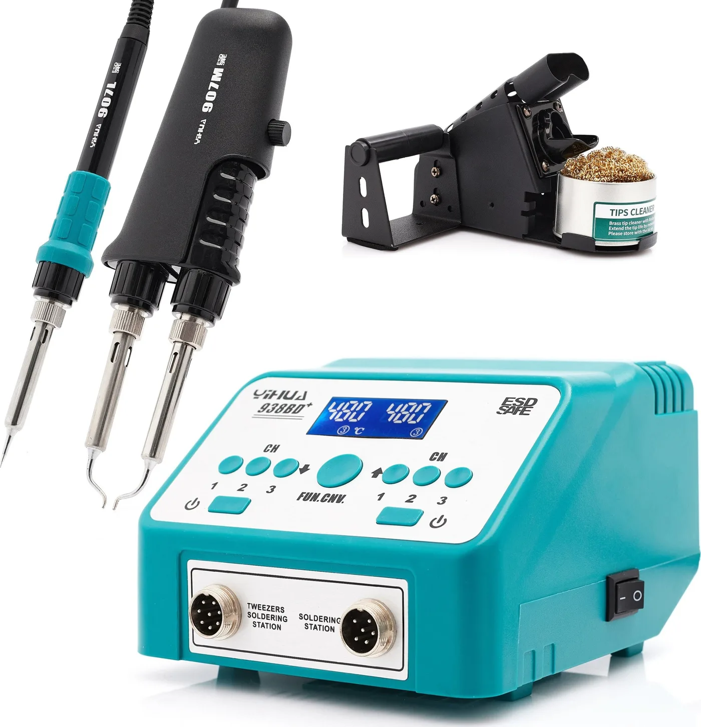 Lötstation Yihua 938BD+ mit Thermopinzette, Leiterplattenhalter, Flussmittel und Kapton-Pinzette