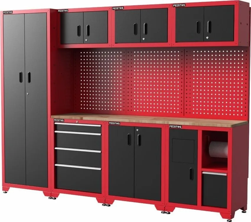 Costway Feistos Werkstattausstattung Werkzeugschrank Juno 3 mit Lochwand Schwarz/Rot 246 x 46 x 198 cm