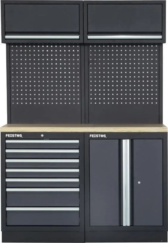 Costway Feistos Werkstattausstattung Werkzeugschrank Apollo 5 mit Lochwand Grau/Schwarz 136 x 46 x 200 cm