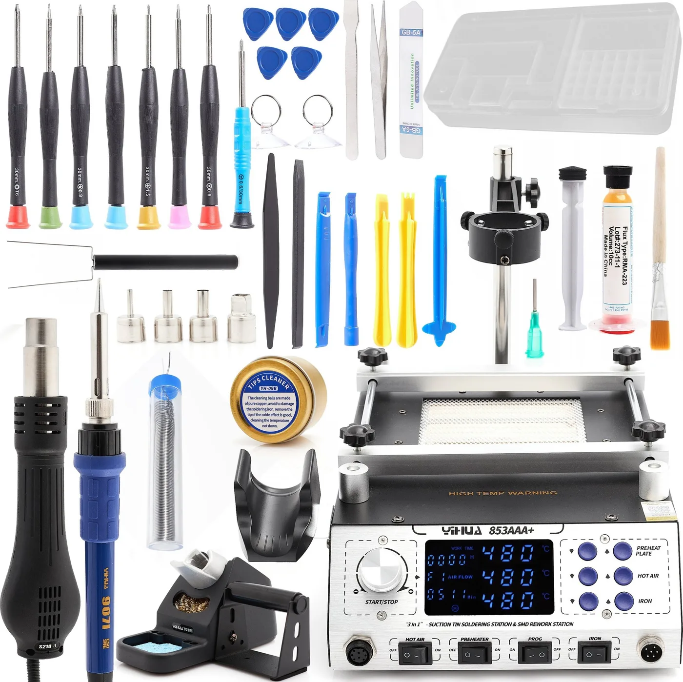 Set: 3-in-1-Lötstation Yihua 853AAA + 25-in-1-GSM-Werkzeugsatz + Zubehör