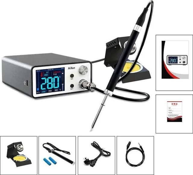 Techrebal Leistungsstarker Lötkolben 200 W AIXUN T3A T12 mit Halterung und Flussmittel