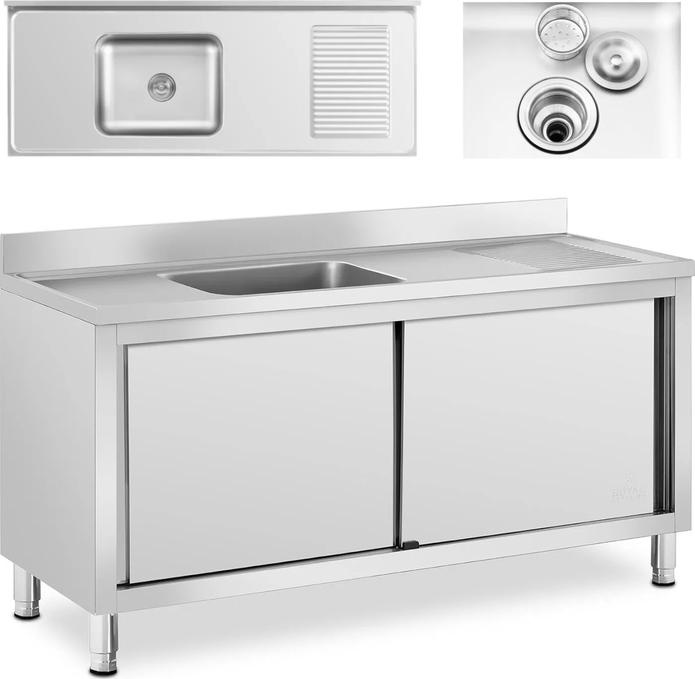 Royal Catering Einbecken-Gastronomie-Spülbecken mit Schrank mit Schiebetüren 160 x 60 x 94,5 cm Gastronomie-Spülbecken