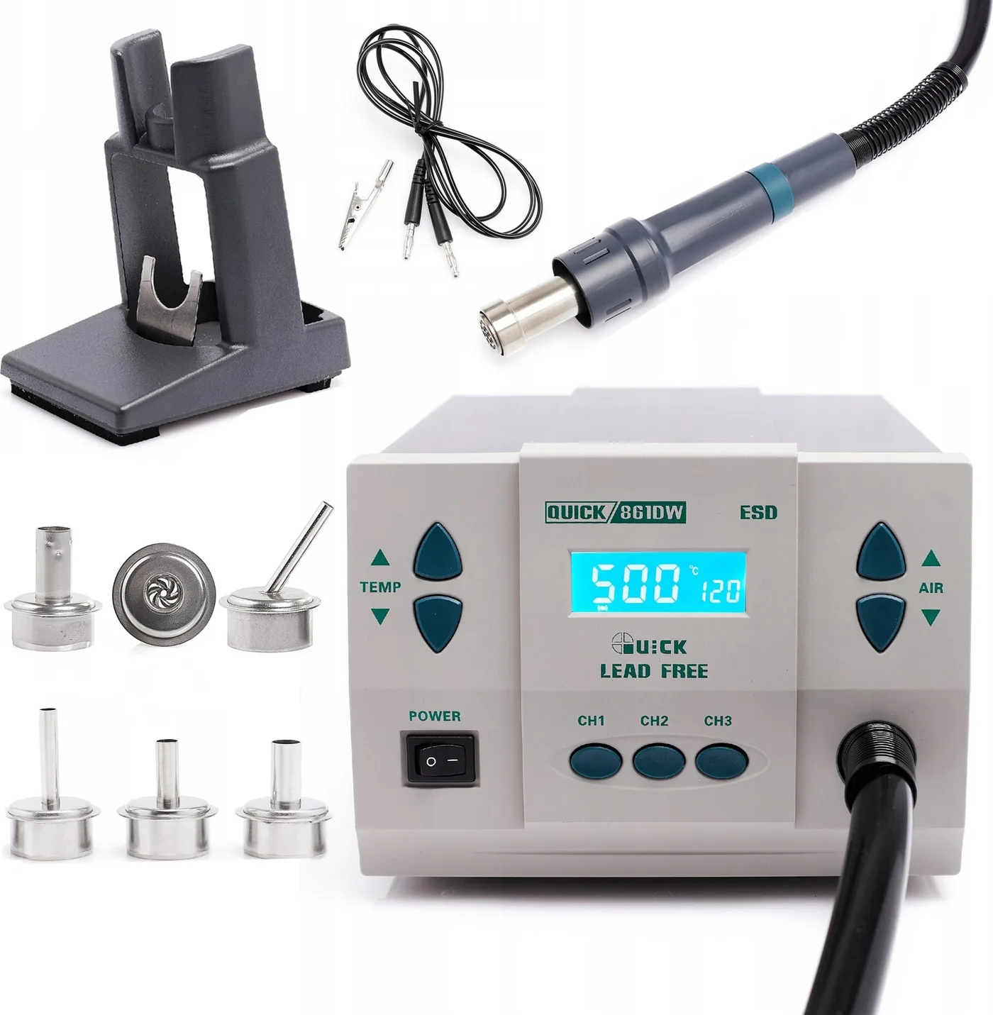 Set: Professionelle Heißluft-Lötstation Hot-Air Quick 861DW, 1000 W, 5 Düsen