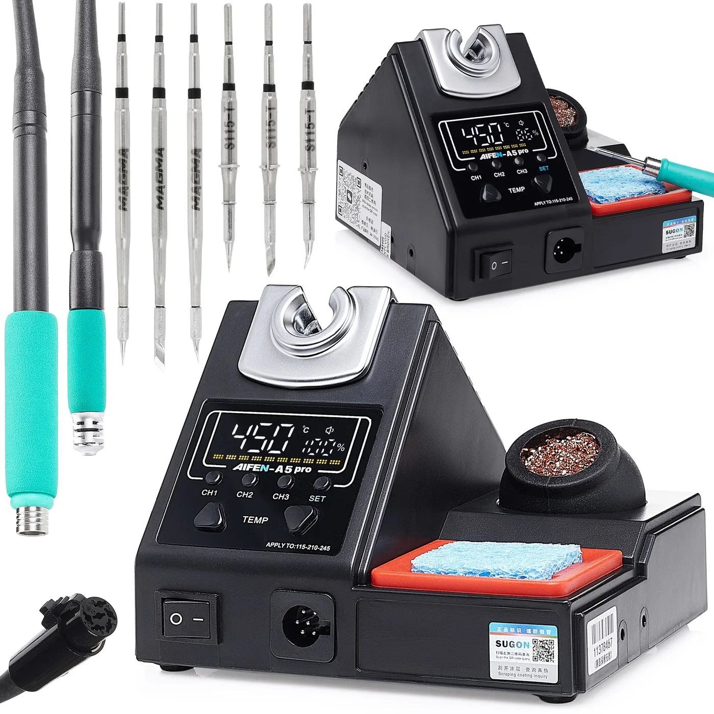 Professionelle Lötstation Aifen A5 Pro 160 W, 2 Lötkolben (C115, C210), 6 Lötspitzen