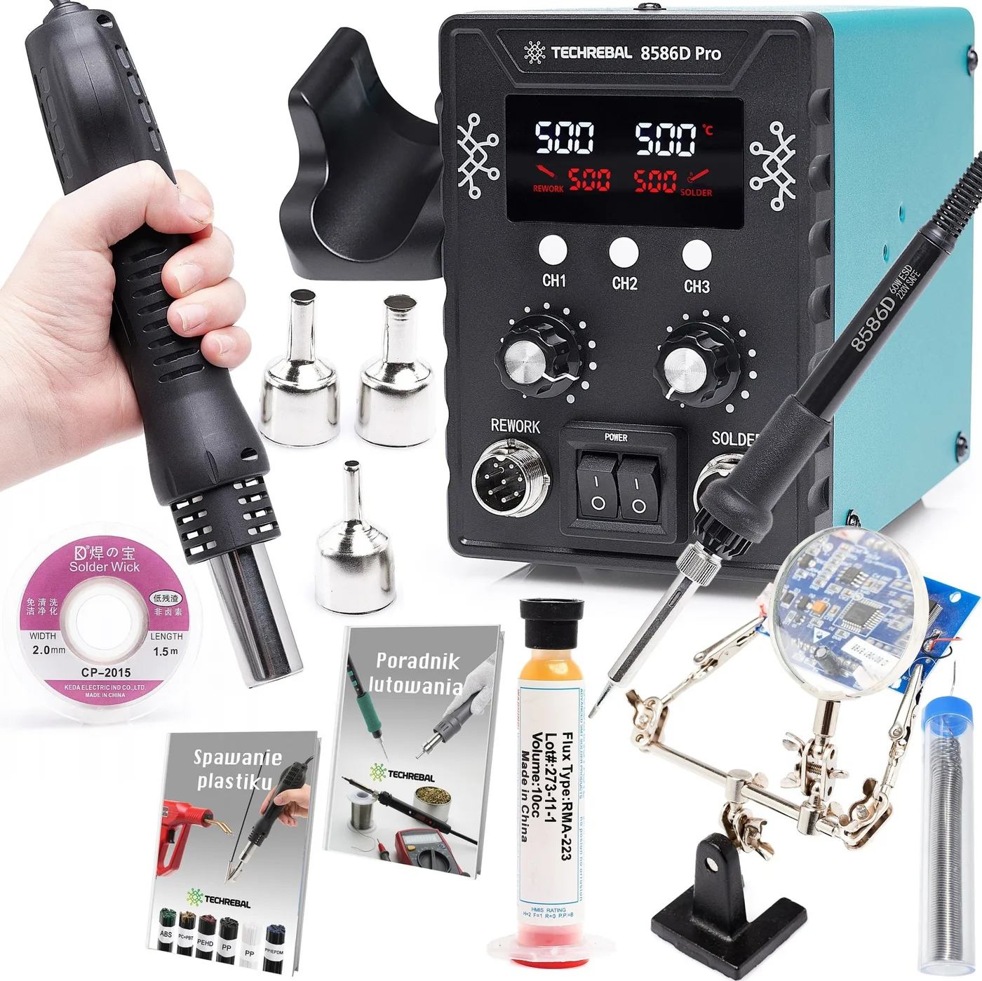 Set: 2-in-1-Heißluft-Lötstation mit Lötkolben Techrebal 8586 + Zubehör
