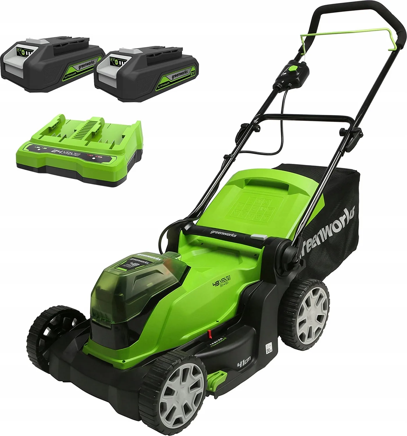 Greenworks Akku-Rasenmäher 2x24V, 41 cm, G24X2LM41K2x, Set mit Dual-Ladegerät + 2 Akkus à 2 Ah